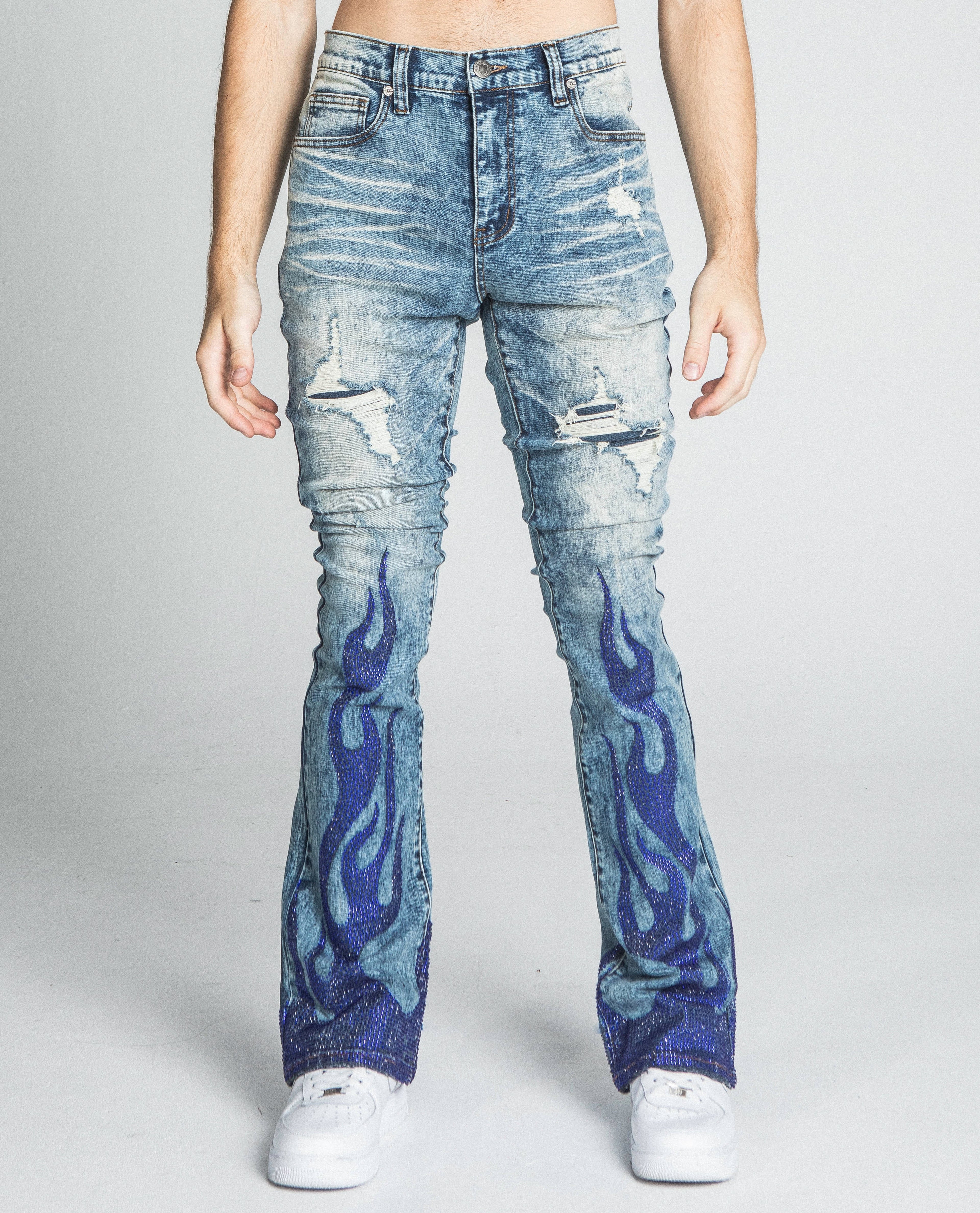 AJ23SK FLAME RHINESTONE STACKED JEANS
