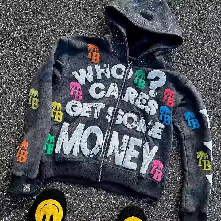 Trendy Letter Pattern Loose Casual And Comfortable Hooded Zipper Vintage Sweater