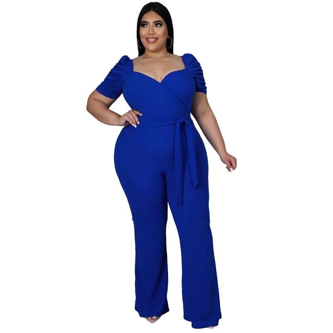 Women's Plus-Size Stand Collar Ruffle Sleeve High-Waist Jumpsuit Wide-Leg Pants