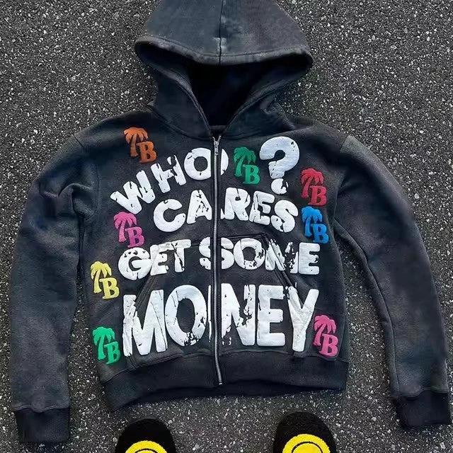 Trendy Letter Pattern Loose Casual And Comfortable Hooded Zipper Vintage Sweater