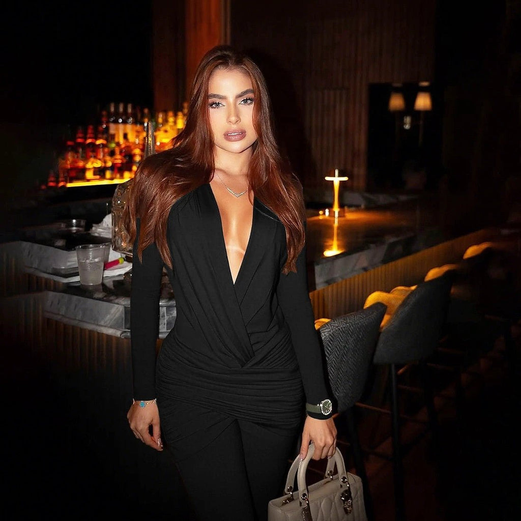 New Women's Fashion Sexy Deep V Long Sleeve Slim Fit Flared Jumpsuit