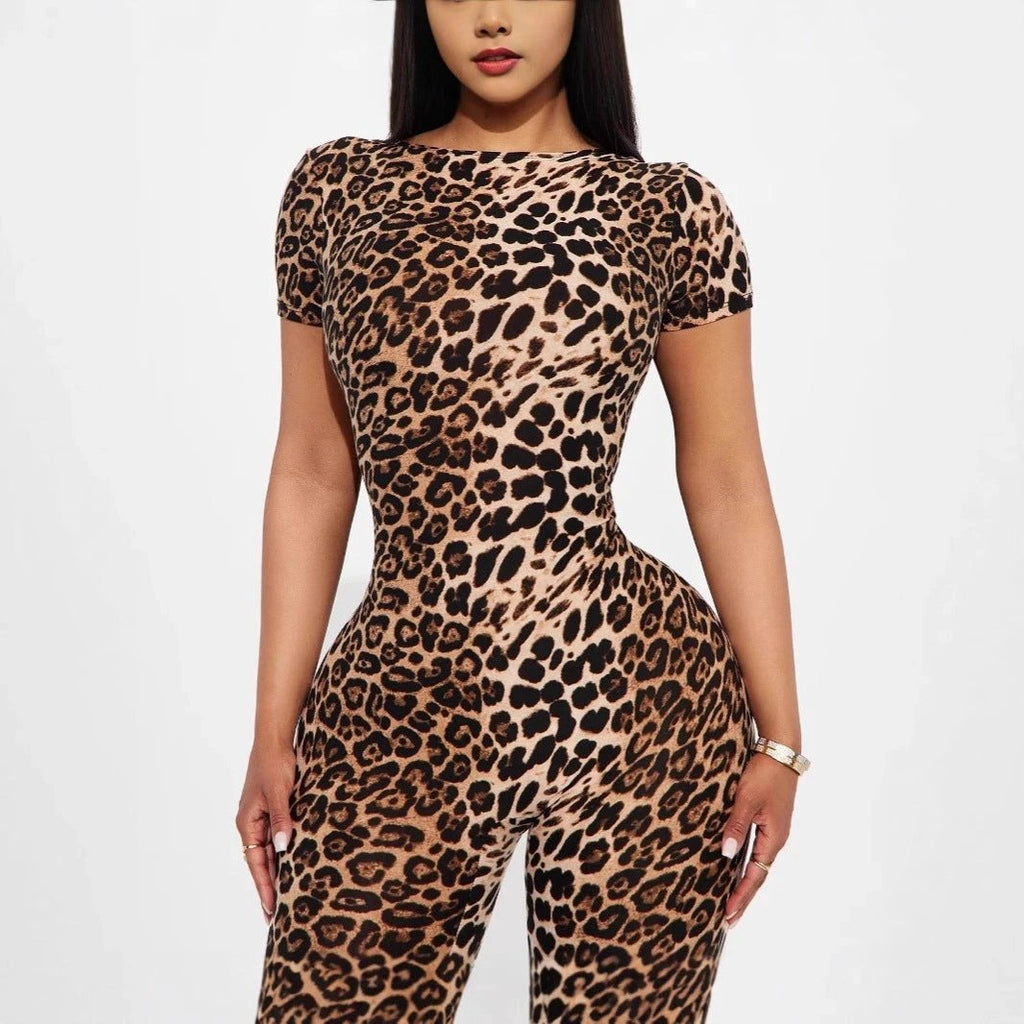 Stretchy Leopard-Print Short-Sleeve Backless Jumpsuit