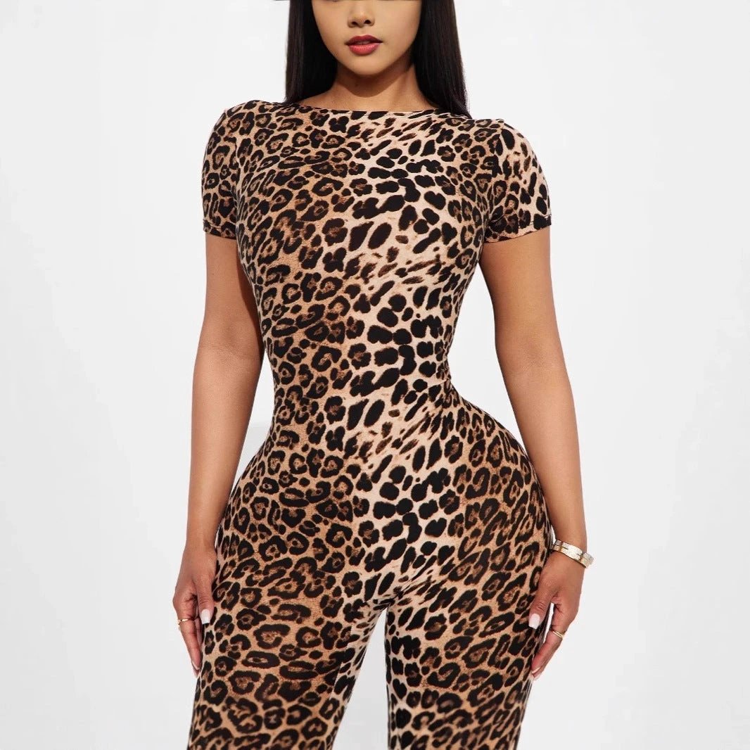 Stretchy Leopard-Print Short-Sleeve Backless Jumpsuit
