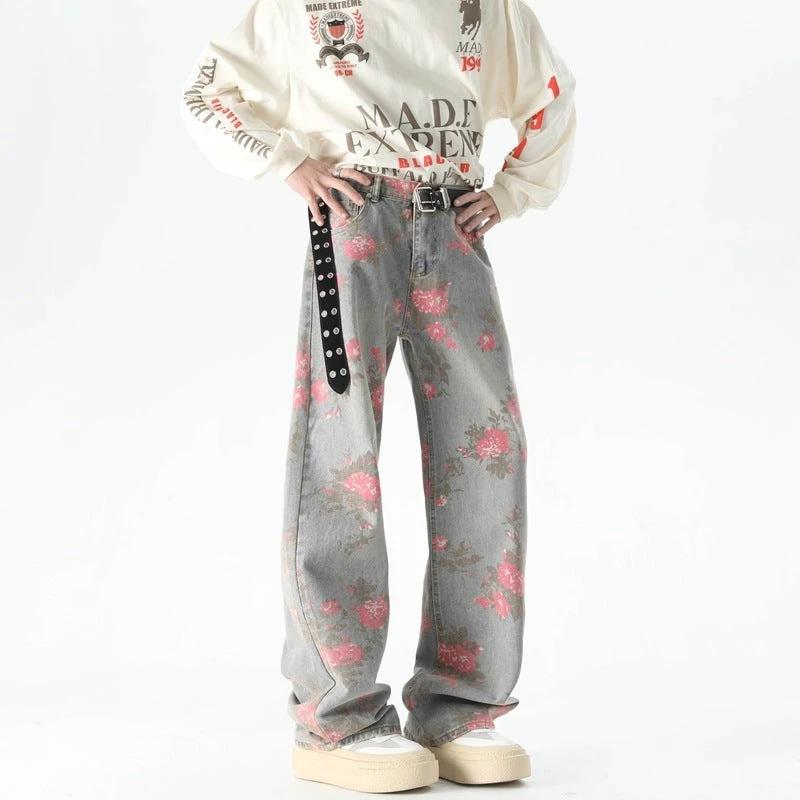 Men's Peony Jacquard Washed Loose Jeans