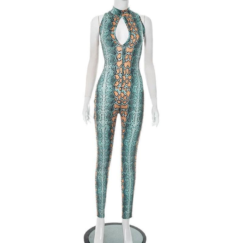 Sexy Printed Semi-high Neck Hollow-out Tight Zipper Jumpsuit Pants