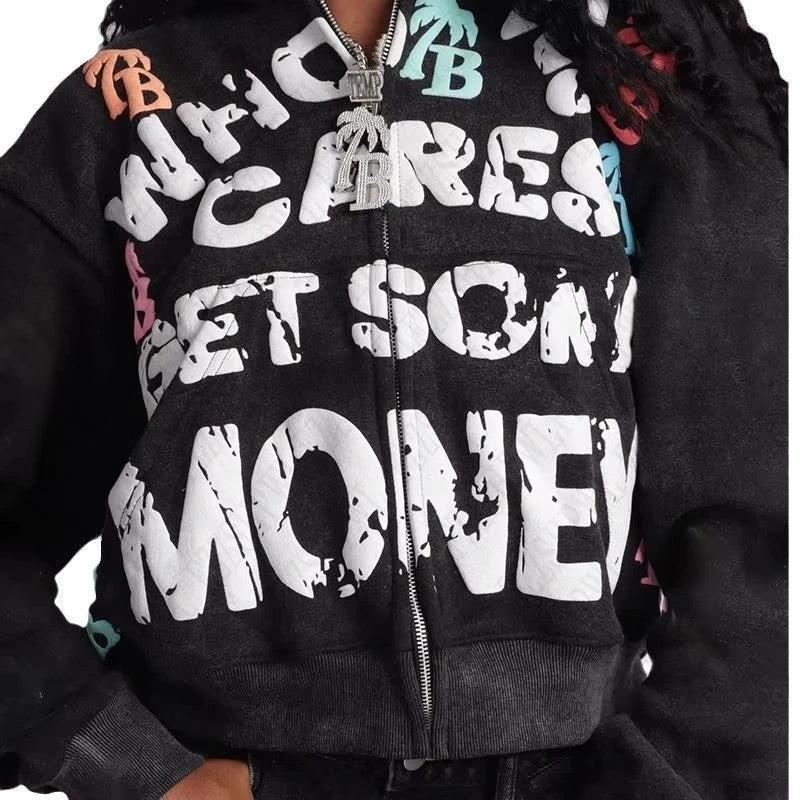 Trendy Letter Pattern Loose Casual And Comfortable Hooded Zipper Vintage Sweater