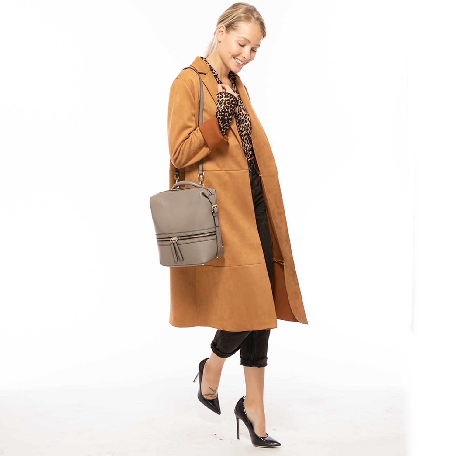 Gray Leather Backpack Crossbody Purse