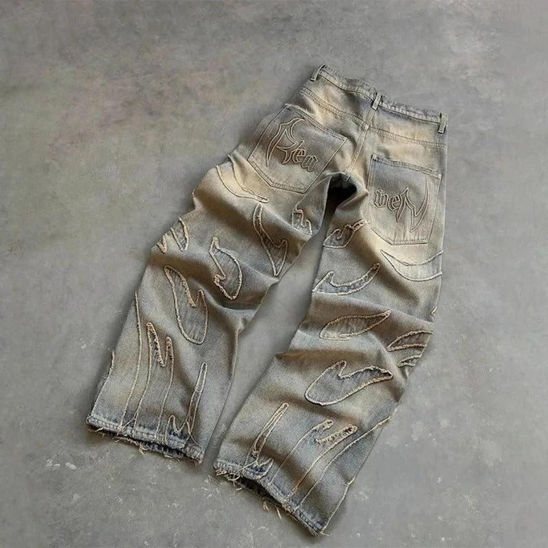 Retro Bat Pattern Lazy Embroidered Loose Jeans