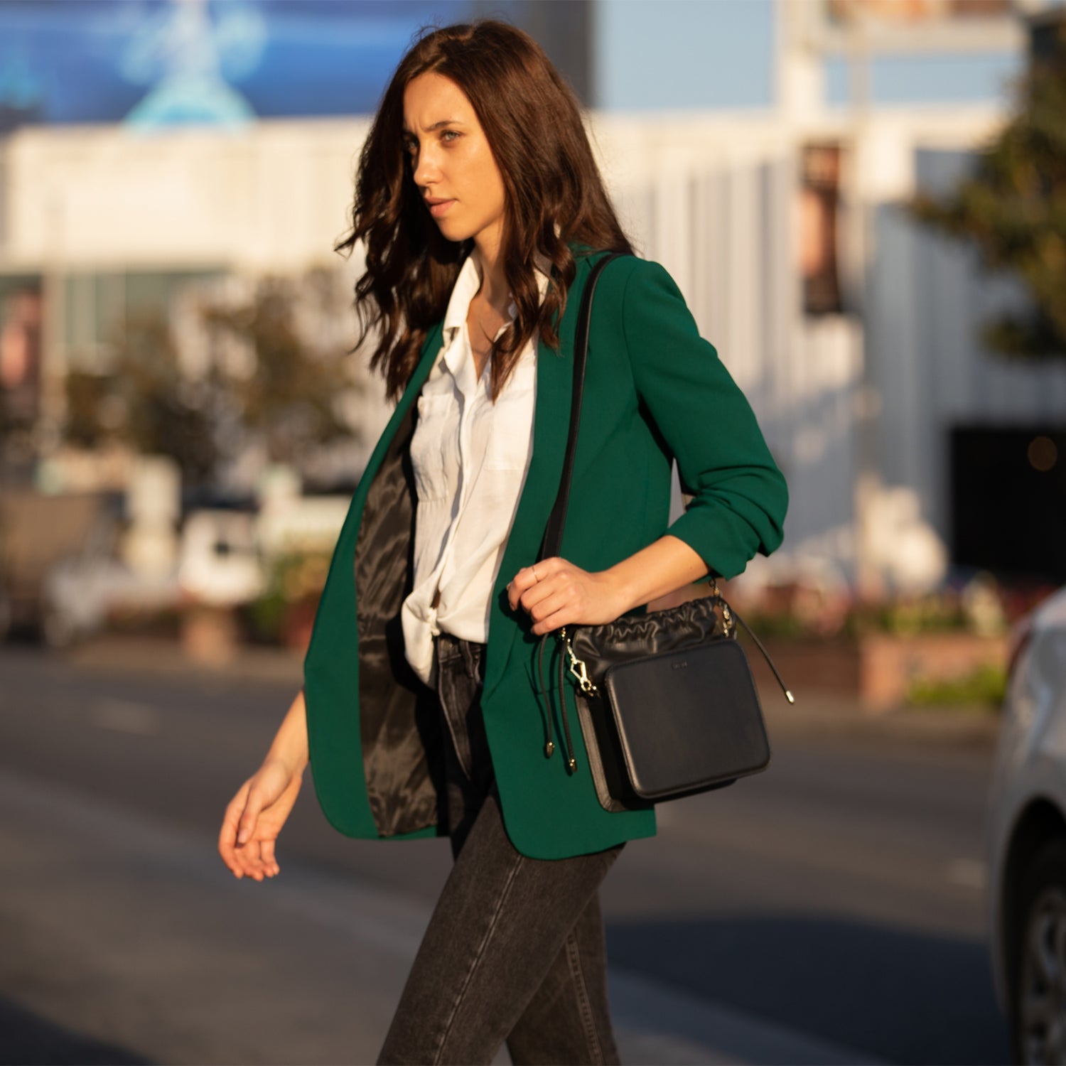 Leather Bucket Bag Black Purse Drawstring Design Medium Size Bag