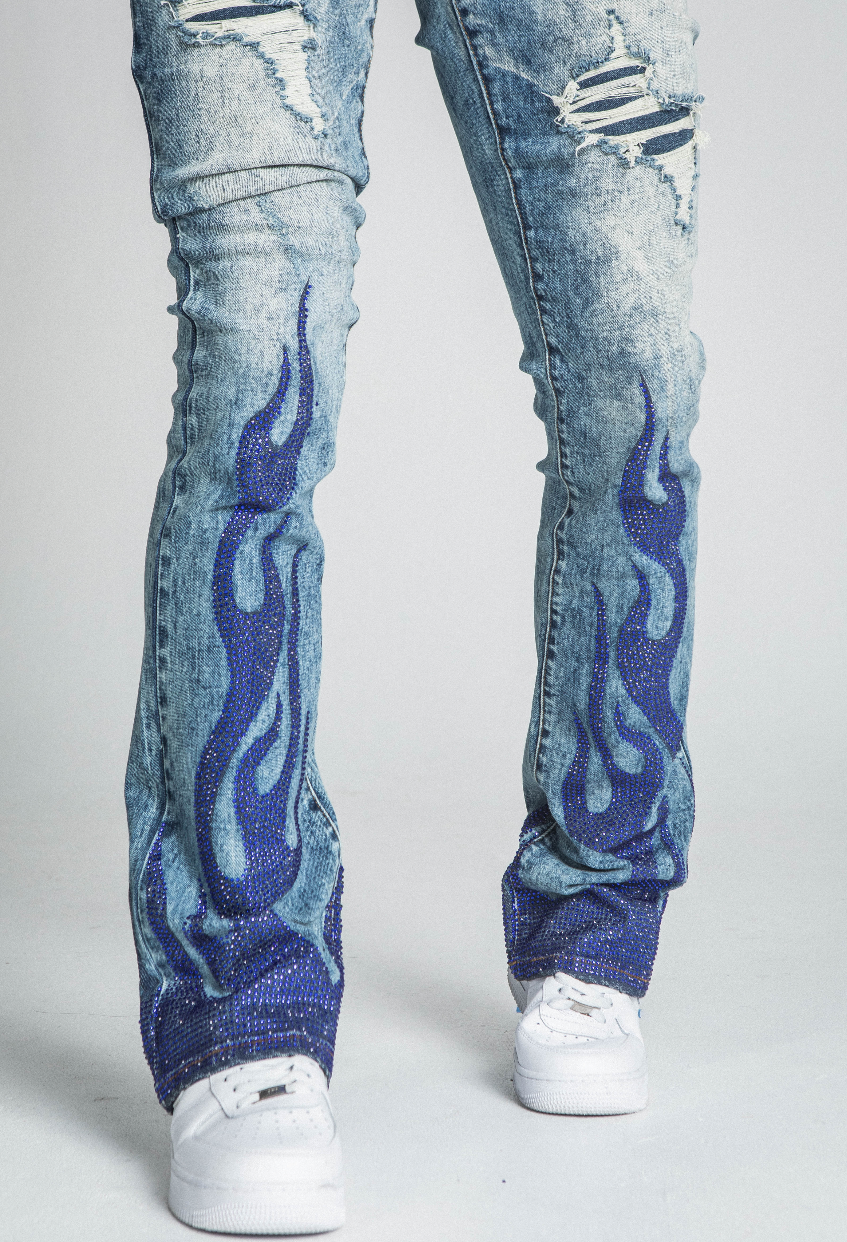 AJ23SK FLAME RHINESTONE STACKED JEANS