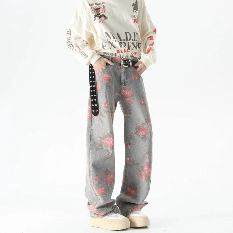 Men's Peony Jacquard Washed Loose Jeans