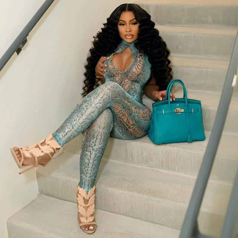 Sexy Printed Semi-high Neck Hollow-out Tight Zipper Jumpsuit Pants