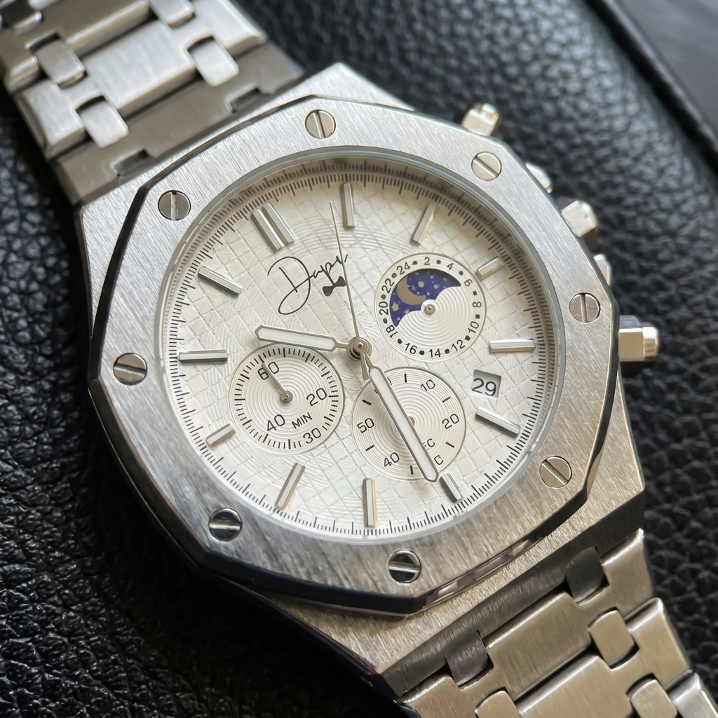 Silver Stainless Steel Watch – ChronoLunar White Dial by Dapper Watches