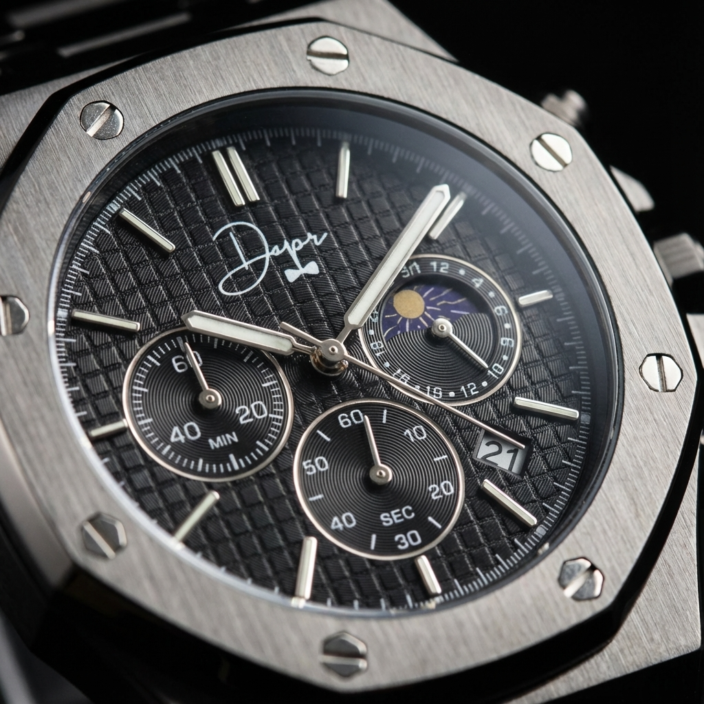 Stainless Steel Chronograph Watch- ChronoLunar Black Dial by Dapper Watches