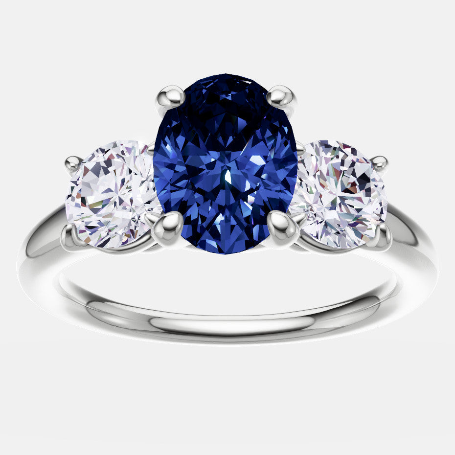 Oval Blue Sapphire Diamond 3 Stone Engagement Ring