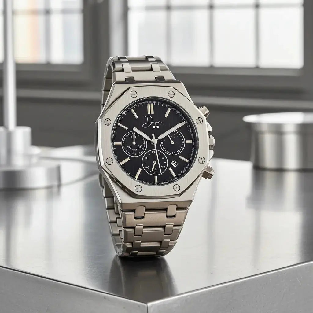 Stainless Steel Chronograph Watch- ChronoLunar Black Dial by Dapper Watches