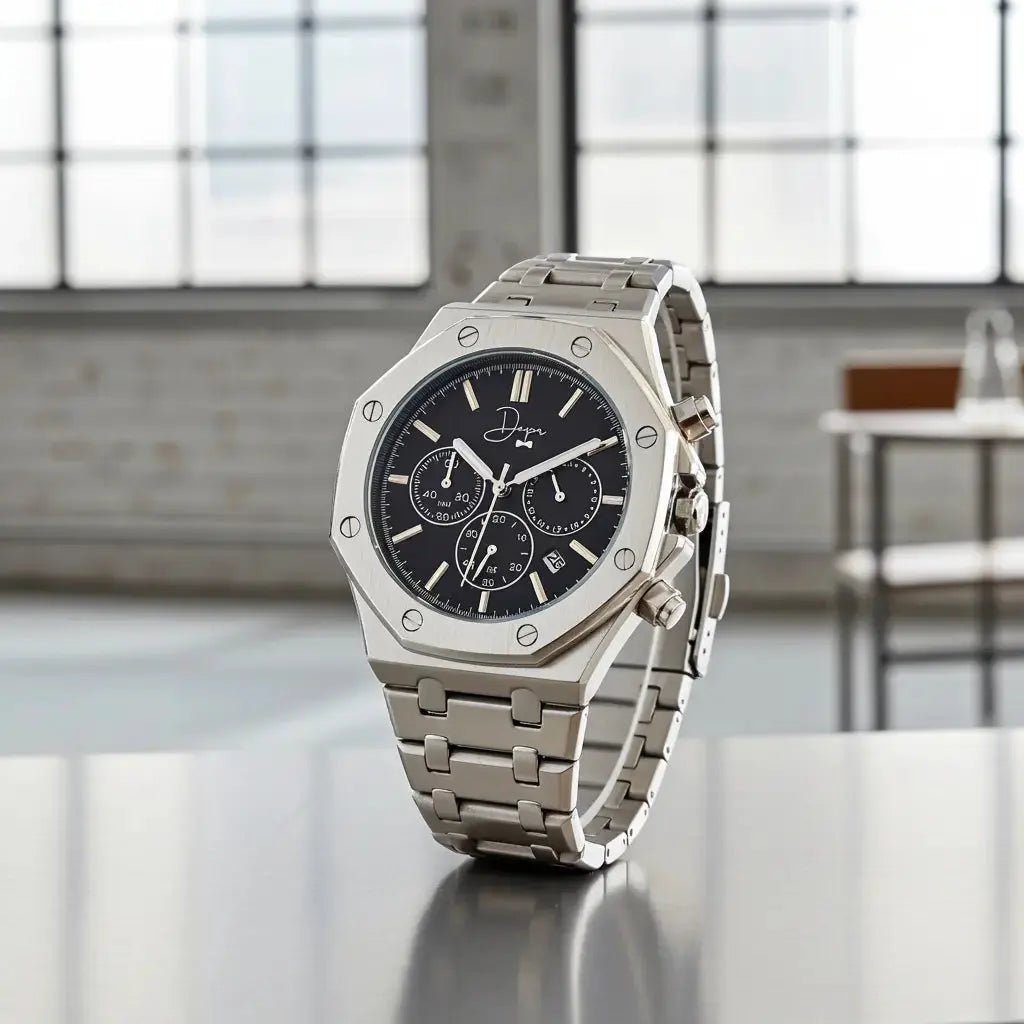 Stainless Steel Chronograph Watch- ChronoLunar Black Dial by Dapper Watches